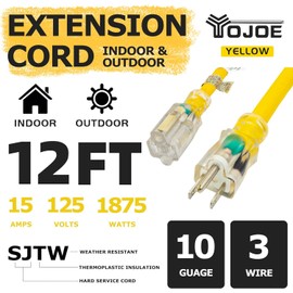 YOJOE Indoor Outdoor Extension Cord with Lighted End, 3 Prong 15A Weatherproof Power Cord, 10 Gauge Heavy Duty 12 ft Yellow Extension Cord for Garage, Garden and Home, 10/3 SJTW UL Listed