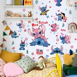 Stitch Wall Stickers for Kids, Cartoon Character Stitch&Angel Stickers for Children Room, DIY Removable Stickers for Baby Kids Nursery Girls Bedroom Living Room Playroom Wall Decoration (Stitch&Angel)