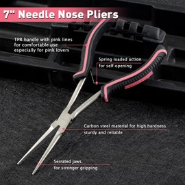 LEONTOOL Long Reach Needle Nose Pliers with Serrated Jaw 7 Inches Extra Long Needle Nose Pliers Small Long Reach Long Nose Pliers for Jewelry Making Working in Tight Spaces Pink Tool for Women
