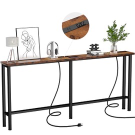 Keelian 70" Narrow Console Sofa Table - 2 Power Outlets & 4 USB Ports, Metal Frame, Rustic Brown, Perfect for Hallway, Office, and Behind Sofa - Easy Assembly, 4.9' Extension Cord Included