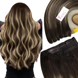 Youngsee Wire Hair Extensions Brown Balayage Wire Real Hair Extensions Ombre Dark Brown with Ash Blonde Invisible Wire Hair Extension Real Human Hair Balayage Hair Extensions for Short Hair 12Inch 70G