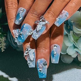 Sethexy 30Pcs Cat Eye 3D Press on Nail Blue Ombre Coffin False Nail Rhinestone Glossy Fake Nails Reusable Acrylic Stick on Nails for Women and Girls