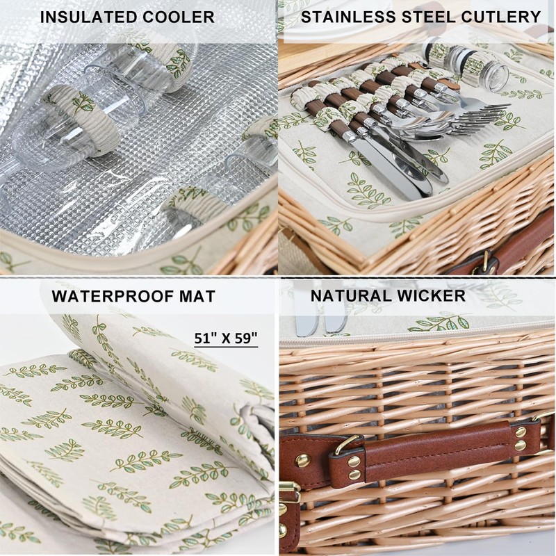 Multifunctional Wicker Picnic Basket Set for 4 with Blanket and