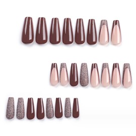Gifiky Long French Press on Nails Coffin Fake Nails Brown Nails Tips Full Cover Bling False Nails for Women and Girls 24Pcs