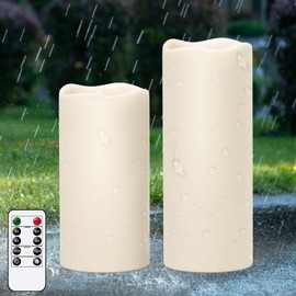 Lasumora Outdoor Indoor Waterproof Flameless Candles Flickering with Remote Timer, White LED Pillar Candles Battery Operated Pack of 2, Long Lasting Electric Candles Lanterns Cream Φ 4" H 8” 10”