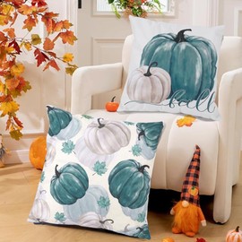 Heirloom Haven 4pcs Fall Thanksgiving Pillow Cover 18x18in Blue Pumpkin Polka Dot Stripes Throw Pillow Cases Decoration Autumn Harvest Cushion Pillow Covers for Farmhouse Couch Sofa Outdoor Home Decor