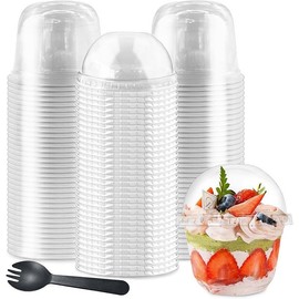50 Pcs 6 oz Clear Plastic Cups with Dome Lids,Transparent Parfait Cup,Disposable Dessert Cups for Fruit,Ice Cream,Cupcake,Iced Cold Drinks Food Bakeware Utensils - Style: 10oz dome lids with no hole,U-shaped wit