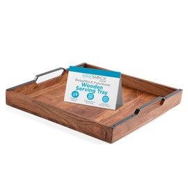 BIRDROCK HOME Wooden Serving Tray with Handles - Farmhouse Decor - Square Top Breakfast Trays - Tea Cheese Board - Coffee Table - Natural Acacia Wood - Kitchen - Bar