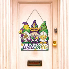 Berlune Mardi Gras Front Door Decoration Wooden Welcome Sign Carnival Gnome Wreath Farmhouse Mardi Gras Door Hanger Rustic Purple Yellow Green Mardi Gras Decor for Door Porch Wall(Carnival Style)