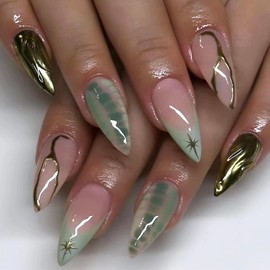 MERVF Almond Press on Nails Medium Fake Nails Light Green French Tip Stiletto Glue on Nails with 3D Gold Design Star Press ons Luxury Goth Acrylic Nails 30pcs Glossy