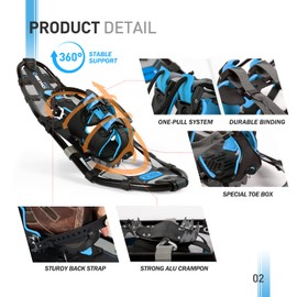 G2 30 Inches Light Weight Snowshoes for Women Men Youth, Set with Trekking Poles, Carrying Bag, Snow Baskets, Special EVA Padded One-Pull Binding, Heel Lift, Toe Box, Blue
