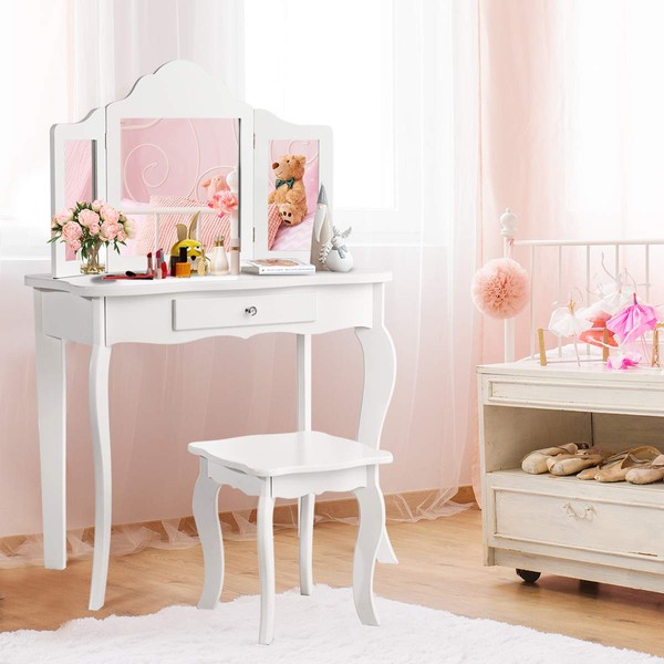 Costzon Kids Wooden Vanity Table & Stool Set, 2 in 1 Detachable Design with Dressing Table and Writing Desk, Princess Makeup Dressing Table with Two 180° Folding Mirror, for Girls, Kids (White)