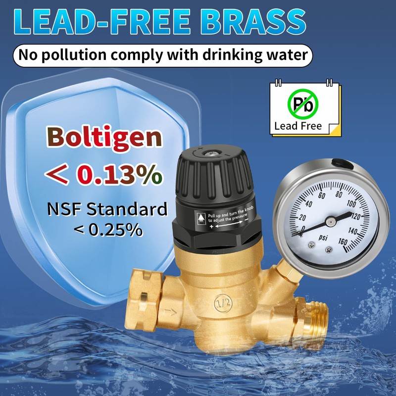 Boltigen RV Water Pressure Regulator with Gauge, Adjustable Handle Water