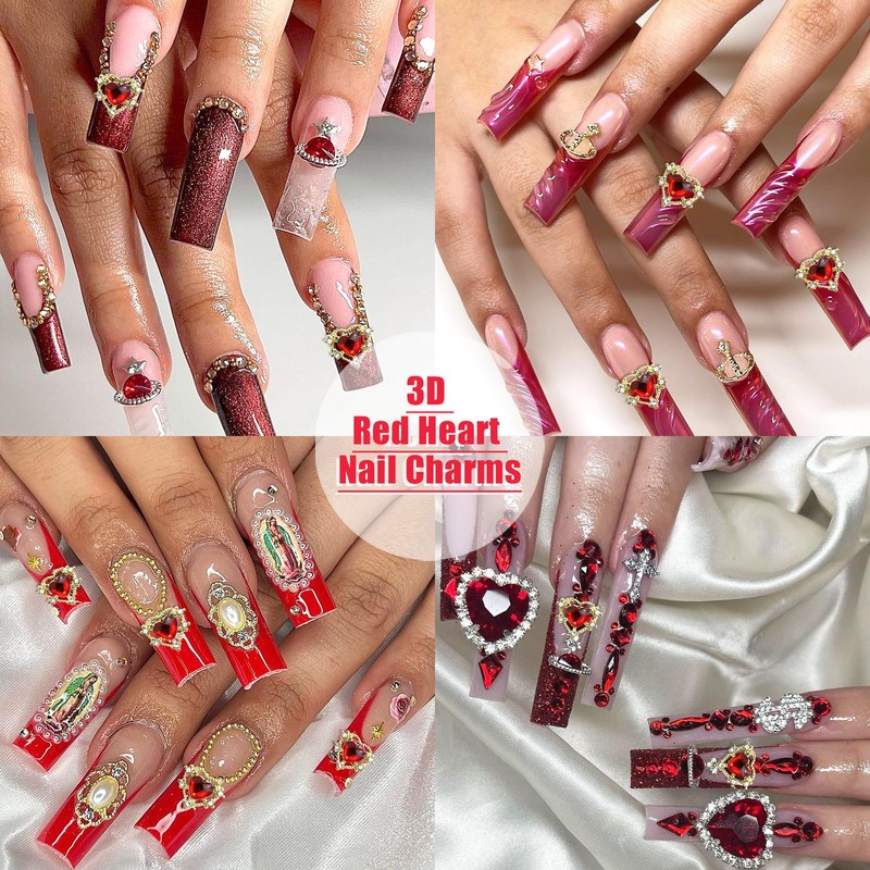 RODAKY Red Heart Nail Charms 10PCS 3D Heart Nail Rhinestones