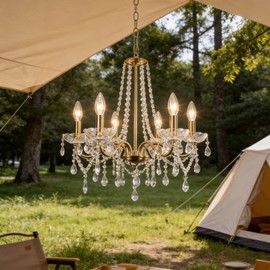 6-Light Gold Plug in Crystal Chandelier, Outdoor Chandelier, Modern Plug in hanging Pendant Light with 16.4 ft Clear Cord&On/Off Switch, Ceiling Lighting Easy to Install for Gazebo Kitchen Island