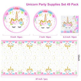 Unicorn Birthday Decorations for Girls, Unicorn Disposable Table Plates, 16 Pcs Unicorn Plates and Napkins, 1 Unicorn Tablecover, Unicorn Birthday Party Supplies