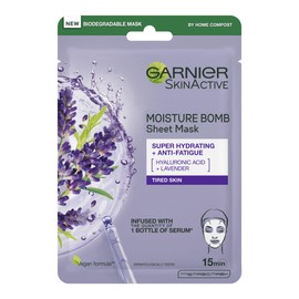 Garnier Moisture Bomb Lavender and Hyaluronic Acid Sheet Mask, Hydrating & Relaxing Face Mask, With Lavender Essential Oil To Revive Fatigued Skin, Biodegradable and Vegan Tissue, 28g