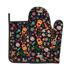 Mexican Oven Mitt Potholders Sets - Mexico Kitchen Mitts and Pot Holders Set of 2 Floral Skull Oven Gloves Hot Pads for Cooking Baking Grilling