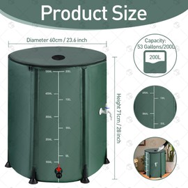 2Pcs 53 Gallon Collapsible Rain Barrel with Zip, 200L Foldable Rain Water Collection Barrel in 1000D Oxford, Protable Rainwater Collection Tank Ice Bath Tub with 3 Spigots and Half Poles Kit