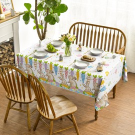 Horaldaily Easter Tablecloth 60×104 Inch Rectangular, Pink Easter Bunny Colorful Carrot Egg Washable Seasonal Table Cover for Party Picnic Dinner Decor