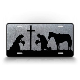 Cowboy and Cowgirl Kneeling at Cross License Plate Western Christian Styled Auto Tag
