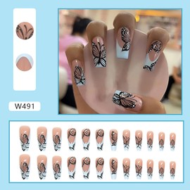 Vezocim Press on Nails Coffin with Black Butterfly Designs, 24Pcs Artificial Medium Nude Fake Nails with Glue, Full Cover Glossy Acrylic Butterflies False Nails, Stick on Fingernails for Women (W491)