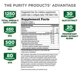 Purity Products OmegaBerry Fish Oil with Vitamin D3 and Organic Acai - 1250mg Concentrated Molecularly Distilled Ultra Pure Omega-3 Fish Oil, 500mg DHA + 650mg EPA - 60 Soft Gels - 30 Day Supply from