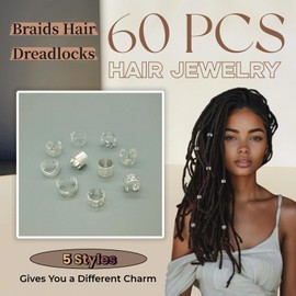 60 Pcs Silver Hair Jewelry Kit for Braids and Dreadlocks, 5 Styles Metal Hair Clips Rings and Accessories, Loc Jewels Braid Decorations for Women