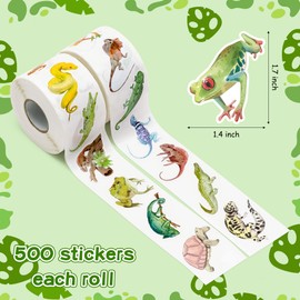 W1cwey 1000pcs Relistic Reptile Animal Sticker Rolls (2 Rolls), 16 Designs Cute Reptile Animals Self-Adhesive Sticker for Kids Snake Axolotl Turtle Lizard Crocodile Sticker Scrapbook Giftwrap Decor