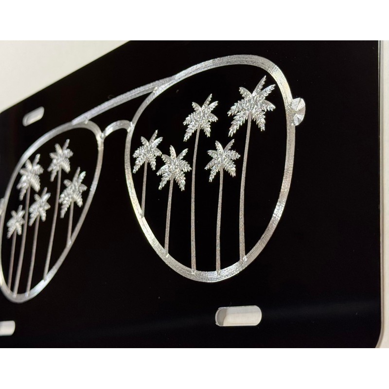 Palm Tree Sunglasses Car Tag Diamond Etched Vanity Front Aluminum