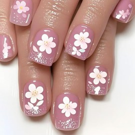 Flower Press on Nails Wild Flowers Stick on Nail French Acrylic Full Cover Fake Nails 24Pcs Pink Gradient Gel Glue on Fingernails Glossy Silver Glitter Short Square False Nail for Holiday Manicure Art