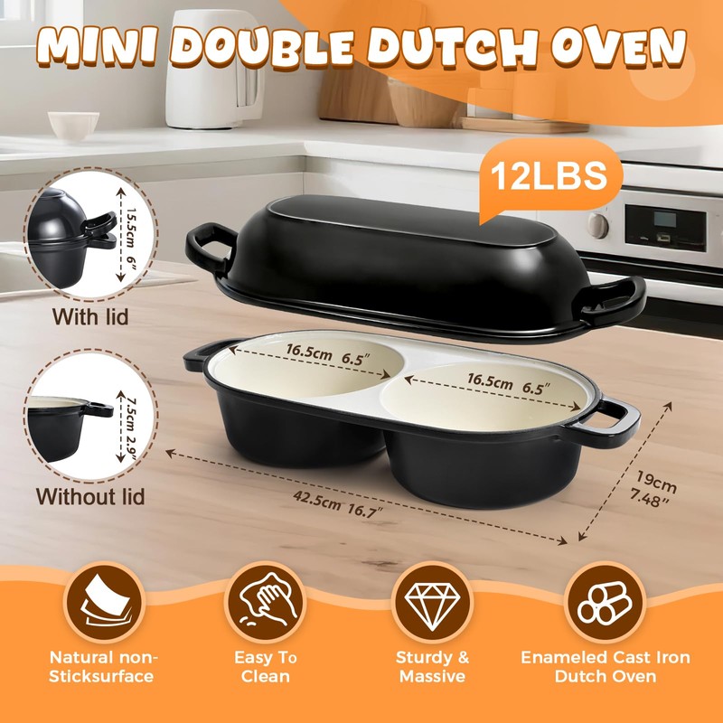 Mini Double Dutch Oven for Sourdough Bread Baking, 2.6QT (Black)