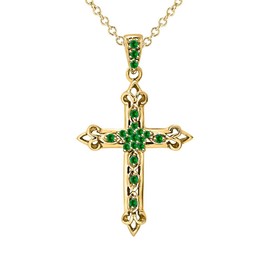 dazzlingjewelrycollection Round Cut 14k Yellow Gold Over .925 Sterling Silver Green Emerald Fleur-de-lis Cross Pendant Necklace Christmas Special for Womens.