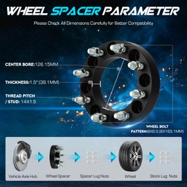 1.5" (38.1mm) 8x6.5 Wheel Spacers, 14x1.5 Studs 8 Lugs 126.15mm Bore Fit 1988-1998 Chevy C/K2500 3500, 2001-2010 Silverado 2500 HD, 2002-2006 Avalanche 2500, 2012-2014 Nissan NV1500 NV2500 NV3500 2pcs