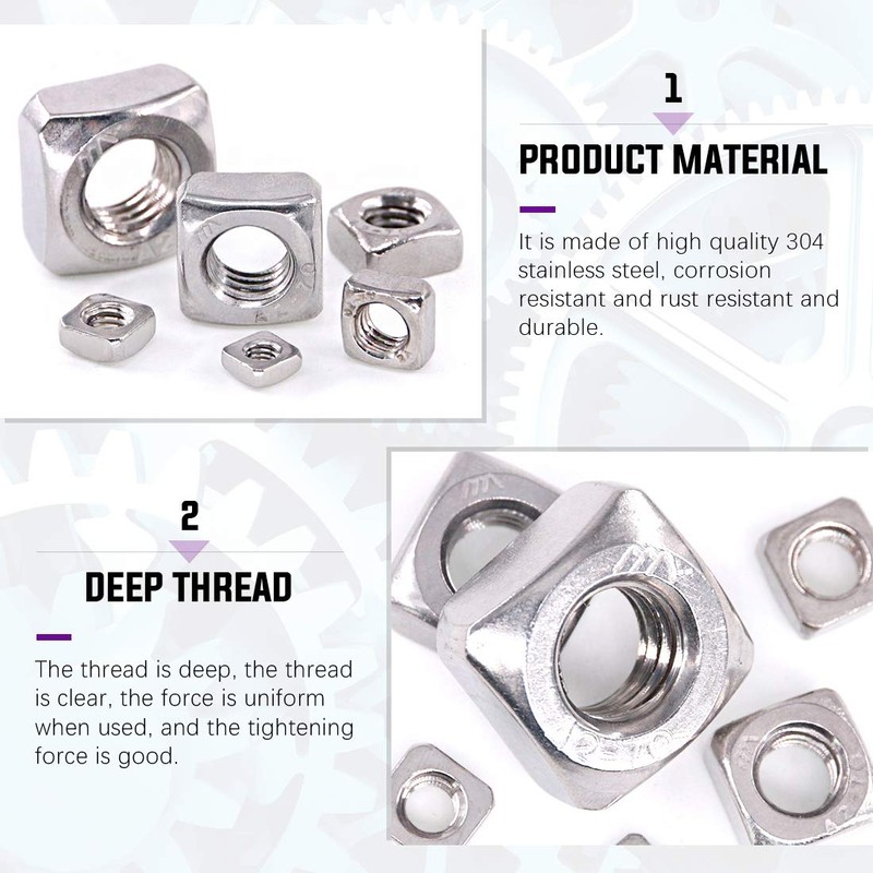 Swpeet 220Pcs 304 Stainless Steel 6 Sizes Metric Square Nuts