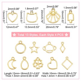 PH PandaHall Resin Frame, Hollow Frame, 13 Types, 52 Pieces, Accessory Parts, Charm, UV Resin, Resin Enclosed, DIY Pendant, Earring, Handmade Parts, Deco Material, Alloy, Gold, Pearl Diamond Resin Rhinestone, No Gemstone