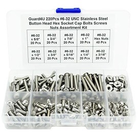 Guard4U 220Pcs #6-32 UNC Stainless Steel Button Head Hex Socket Cap Bolts Screws Nuts Assortment Kit- #6-32x 3/16" 1/4" 5/16" 3/8" 1/2" 5/8" 3/4" 7/8" 1"