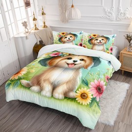 XYNHML Kawaii Dog Theme Comforter 3Pcs Full Cartoon Pet Puppy Dog Animal Flower Bedding Set for Kid Teen Girl Boy Adult Tie Dye Butterfly Floral Hat Quilt Bed Decor with 1 Comforter and 2 Pillowcases