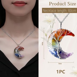 Kotkiddy Crystal Necklace, Tree Life Wire Wrapped Crescent Moon Necklace, Natural Stone Pendant Necklaces, Gemstone Gifts Jewellery, multicoloured