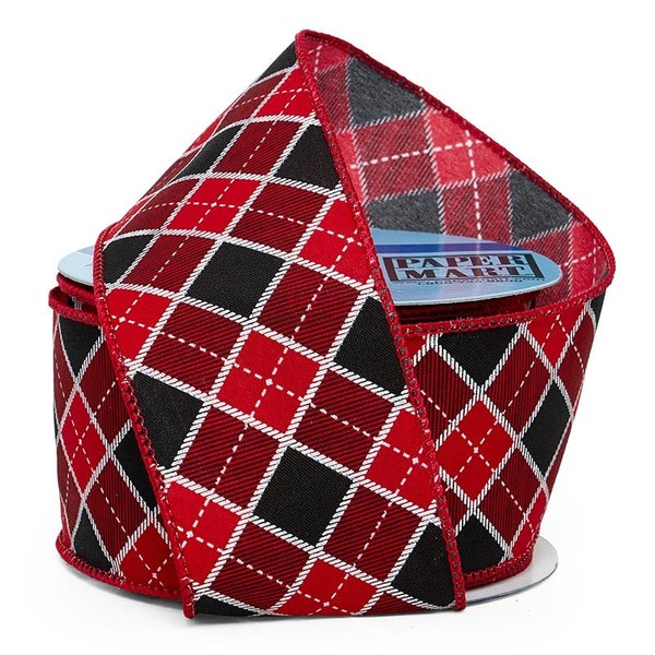 Plaid Patterned Christmas Ribbons, 2 1/2" X 10YD, Red/Black/White Diamond,