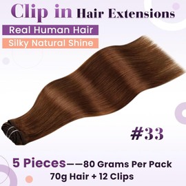 LaaVoo Clip in Hair Extensions Human Hair Auburn Brown Humsn Hair Extensions Clip in Russet Auburn Human Hair Clip in Extensions Double Weft 14 Inch 5Pcs/80g