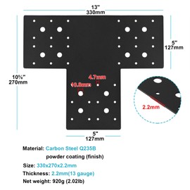 eoere 4 PCS Black T Strap Flat Tee Mending Plate, Fit 6x6 Post and Beam, Straps Repair Tie Plate, Steel T Straight Bracket, Multiple Holes Braces for Pergola Timber Connectors, Width 5"