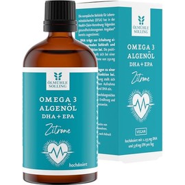 ÖLMÜHLE SOLLING - Omega 3 Algenöl Zitrone | Hochdosiertes Algenöl mit 1.155 mg DHA & 578 mg EPA Tagesdosis. Omega 3 Öl mit Zitrusnote. Vegane Alternative zu Fisch | Inhalt: 100 ml