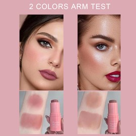 2 PCS 3 in 1 Cream Blush Stick, Cream Blusher for Cheeks Lips Eyes, Long-Lasting Blush Stick for Mature Skin, Waterproof Blendable Blushers for Makeup, Cream Contour Stick for Long Lasting Natural