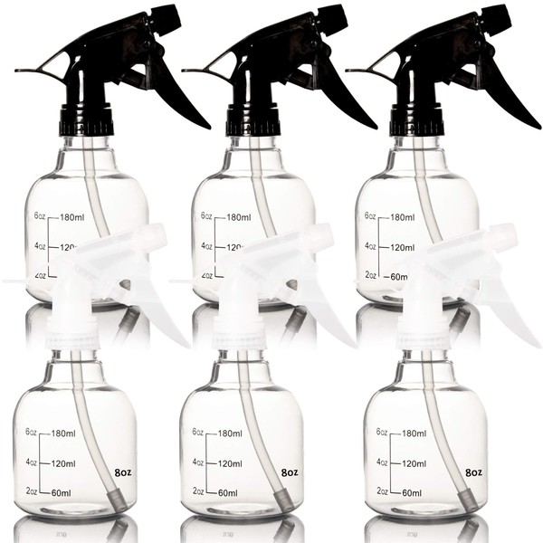 Youngever 6 Pack Empty Plastic Spray Bottles, Spray Bottles for Hair and Cleaning Solutions, 3 Clear and 3 Black Colors (8 Ounce)