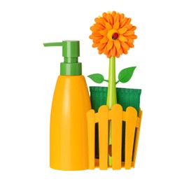 Vigar Flower Power Kitchen Soap Dispenser Set, Dish Soap Dispenser with Sponge Caddy and Dish Brush, Perfect Kitchen Sink Caddy, Orange, Green