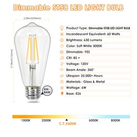 Qingmiao Vintage LED Edison Bulbs, ST58 Dimmable 4W E26 LED Bulb 40W Equivalent, 3000K Soft White Led Light Bulbs, Antique LED Filament Bulbs, CRI 80+, Flicker Free, No Glare, Clear Glass, Pack of 6