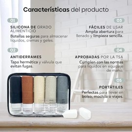 Kit de Viaje Envases Silicona INCLUYE 2 Protectores Para Cepillos de Dientes, Ideal para Llevar tus Líquidos en el Avión o al GYM.