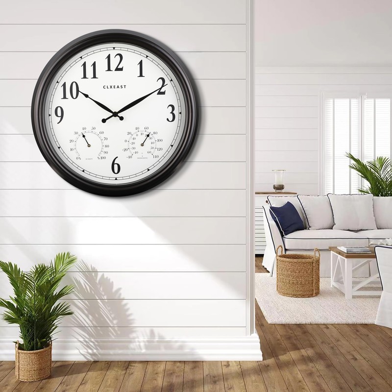 CLXEAST 16" Outdoor Clocks Waterproof with Thermometer & Hygrometer,Black