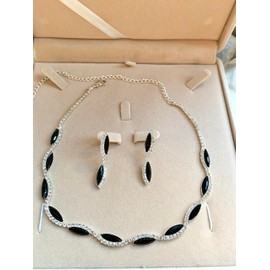 ONDEGO® 2er Set Schwarz SILBER Strass Schmuck Kette Schmuckset Armband Hochzeit Collier Halskette Brautschmuck Kommunion Ball Abiball